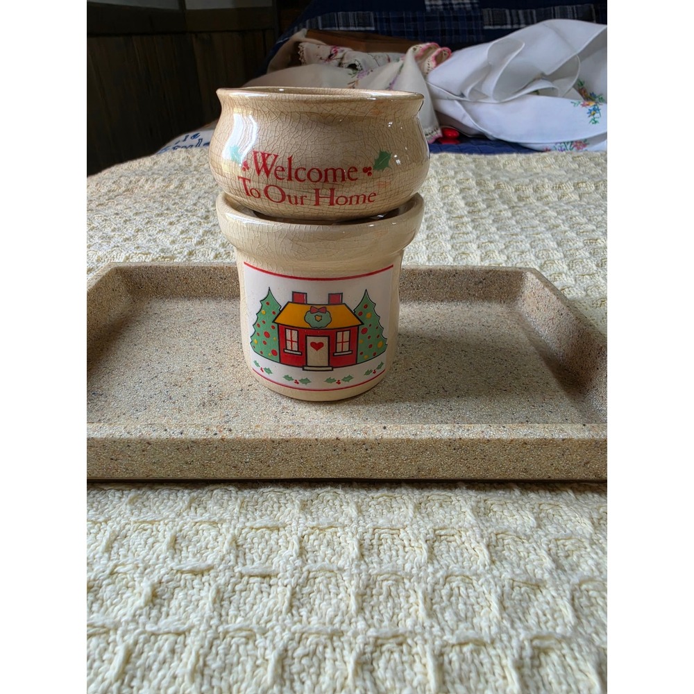 Vintage Giftco Ceramic Potpourri Simmerer Welcome To Our Home Wax Warmer 2pc Set
